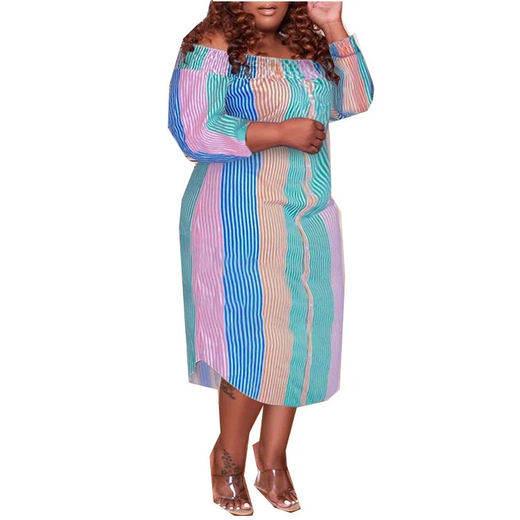 Plus Size Women's Dress 2023 New Large Autumn Long Sleeve Striped Print Off Shoulder Long Dresss Loose Fashion Female Dress