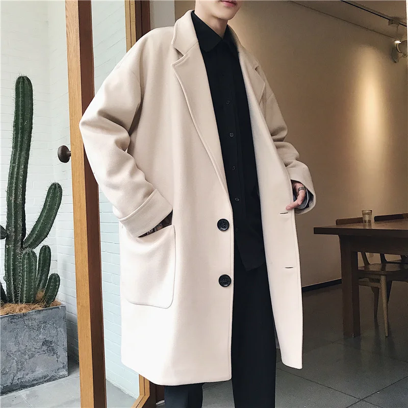 

Woolen Coat Men Fashion Solid Color Winter Casual British Wind Long Coat Men Streetwear Wild Loose Woolen Jacket Man Overcoat