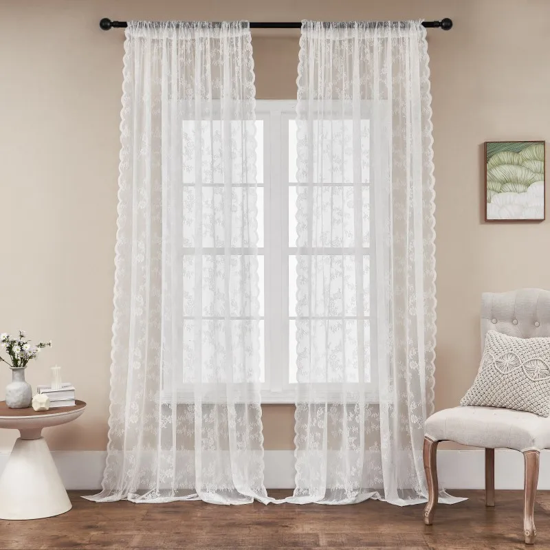 

Korean White Lace Tulle Curtain For Living Room Bedroom Door Transparent Floral Sheer Voile For Kitchen Balcony Custom Made