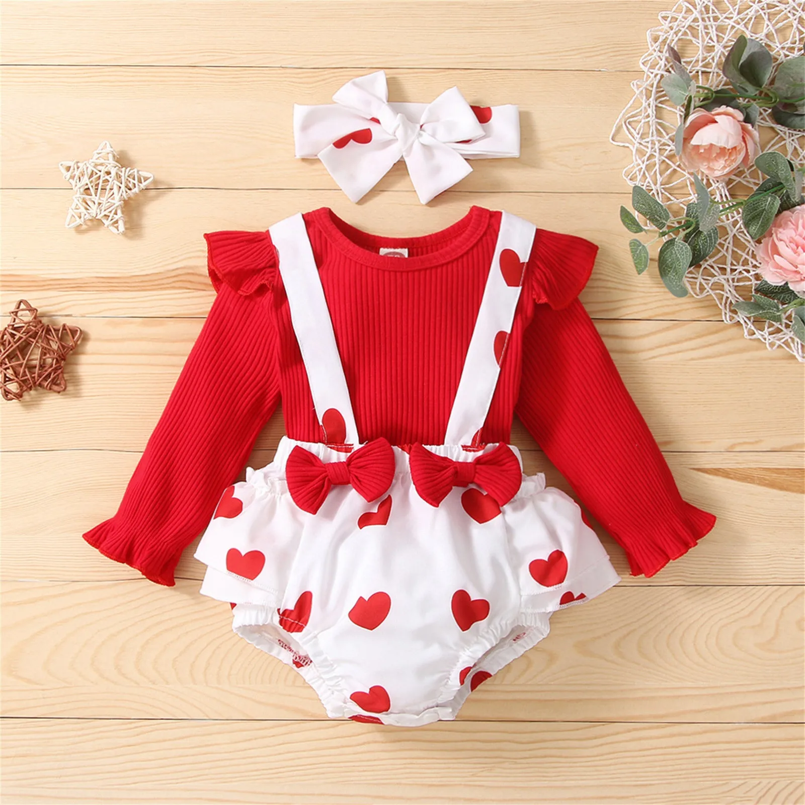 Valentine's Day Newborn Clothes Set Baby Girls Red Ruffle Long Sleeve Knit Ribbed T-shirt Suspender Shorts Headband 3Pcs Outfit