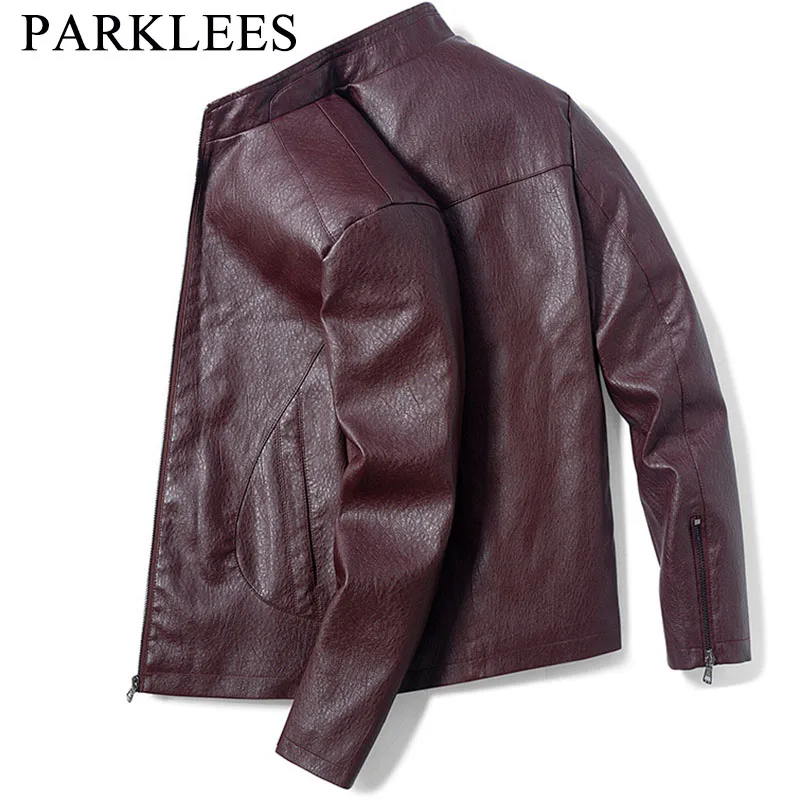 

Parklees 2022 Wine Red Motorcycle Jacket Men Fashion Retro PU Leather Slim Jacket Streetwear Casual Zipper Coat Chaquetas Hombre