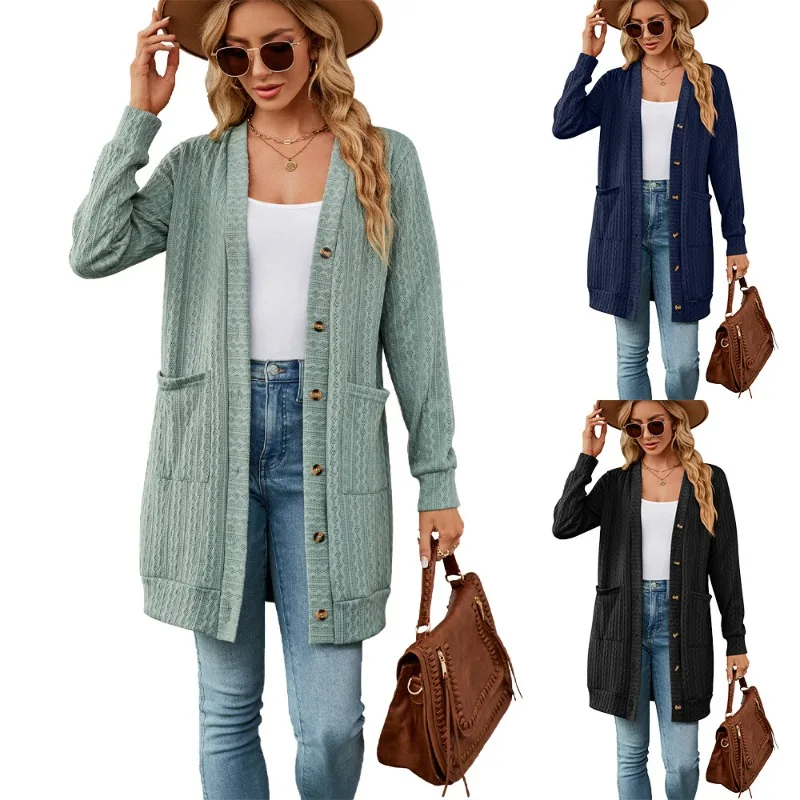 

2023 Autumn/Winter New Solid Pocket Button Loose Long Sleeve Cardigan Coat Women