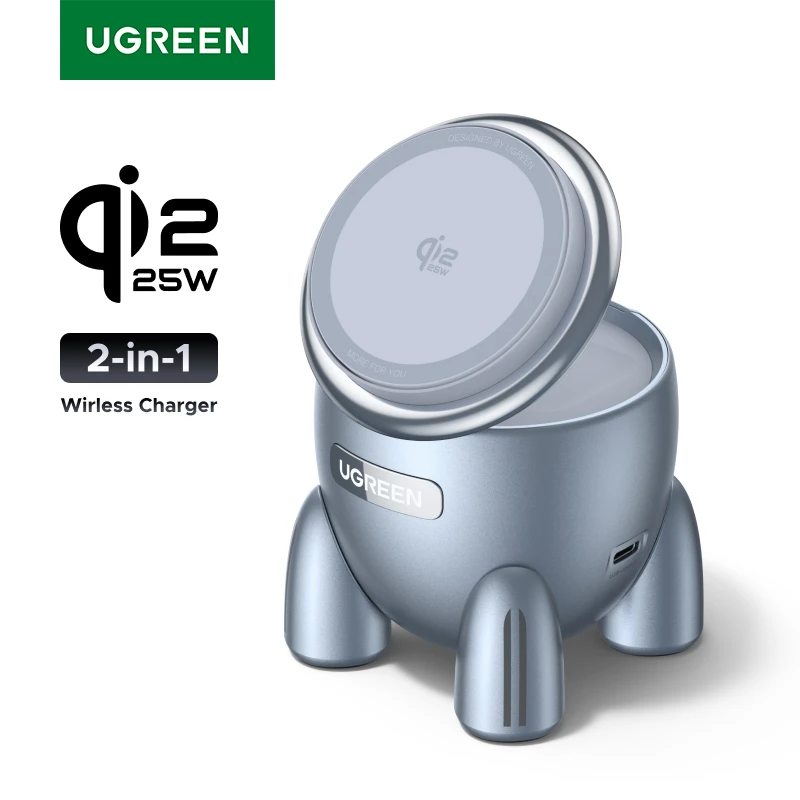 Фото НОВЫЙ! UGREEN Magflow Qi2 25 Вт Беспроводное зарядное устройство 2 в 1 Инновационный стиль Rocket для iPhone 17 16 Pro Max Быстрая зарядка №1