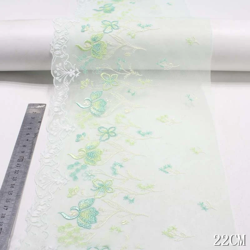 

28Yards Embroidery Lace Fabric Green Floral Embroidered Border Lace Trim Mesh Tulle Fabrics Lace For Women 22cm Width