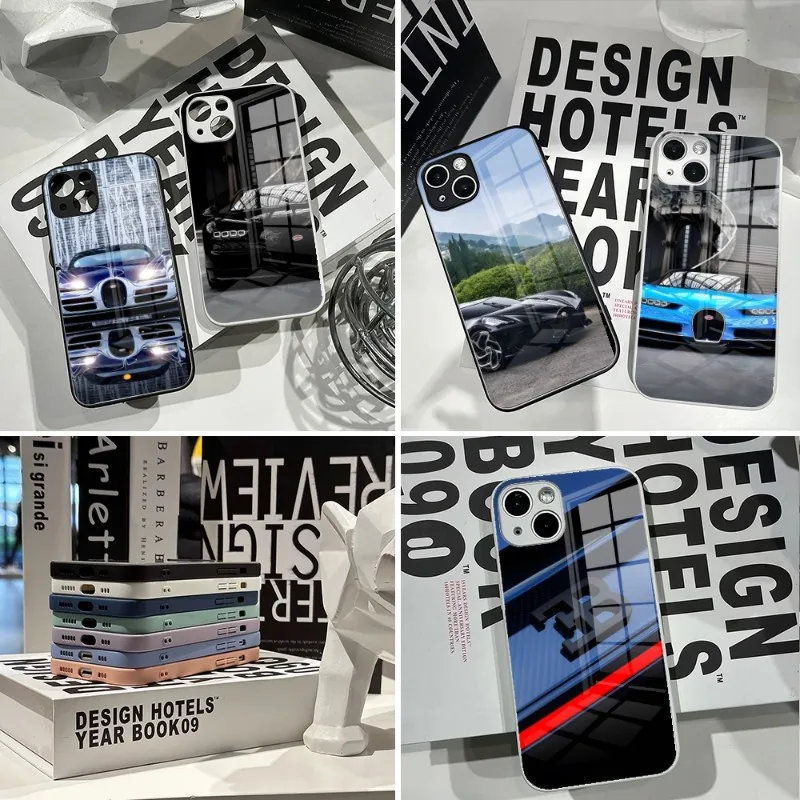 

Роскошный автомобильный чехол для телефона Bugatti 2023 для IPhone 14Pro 13 11 12 XR XS MAX 7/8 X Plus 13 черно-белые стеклянные Чехлы для пар