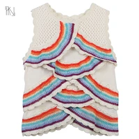 rainbow striped round neck knitted pullover vest 2022 summer new contrast color striped fan shaped lace design round neck top