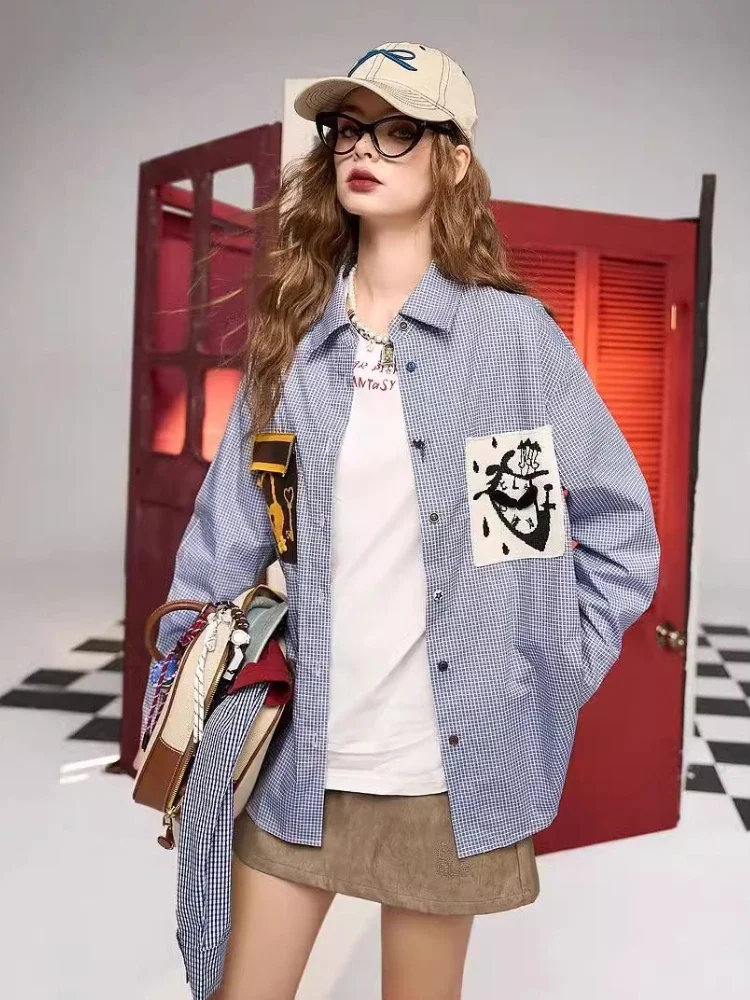 Осенняя новая синяя клетчатая свободная рубашка Y2K модная повседневная куртка с