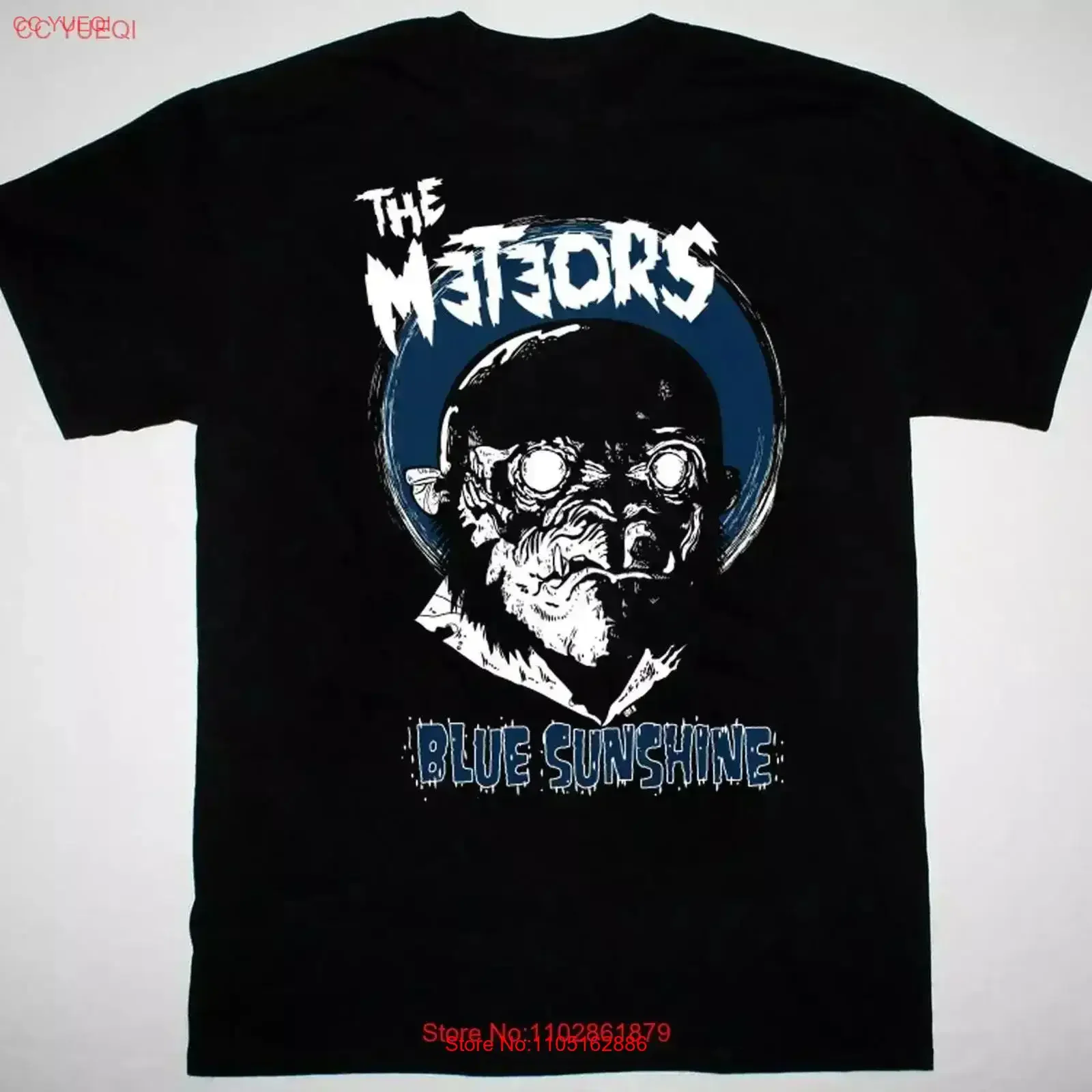 Фото Синяя солнечная футболка The Meteors Band, черная, с коротким рукавом, новый винтажный дышащий топ с рисунком для повседневной носки, homme №1