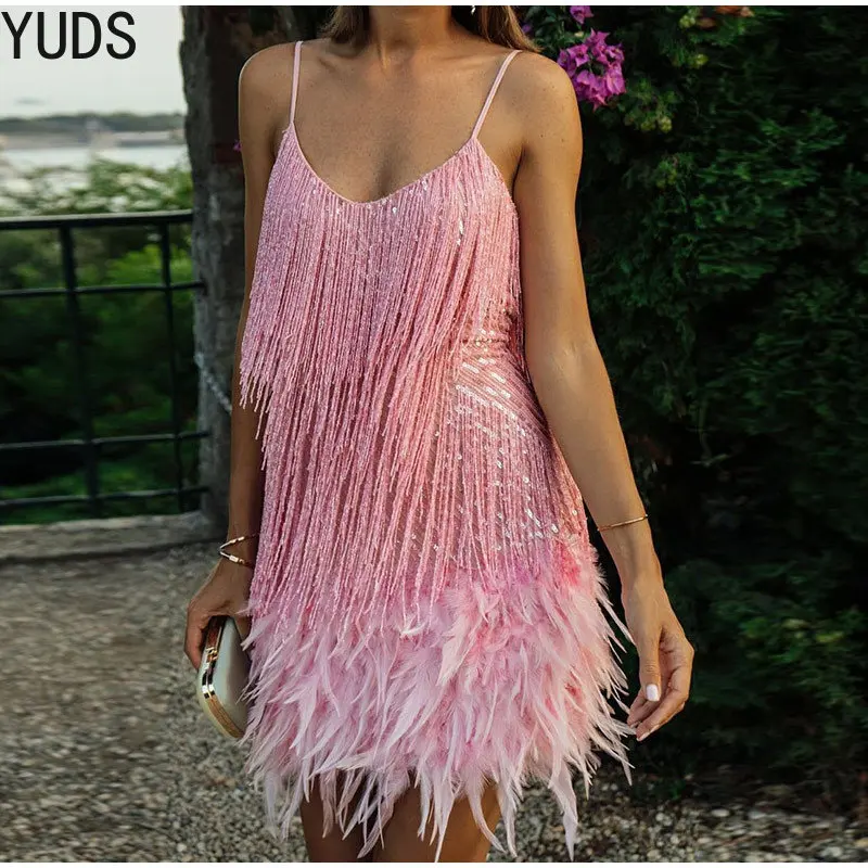 

Женское платье с бахромой, блестками и перьями, облегающее платье-мини с V-образным вырезом, открытыми плечами и открытой спиной, лето 2023