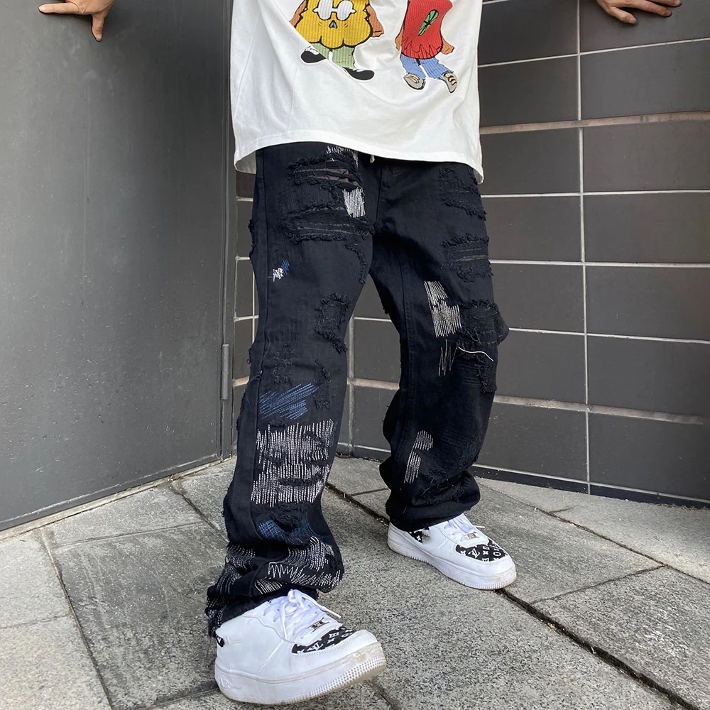 Y2K American Style Old Sanding Ripped Denim Trousers Mens Street Wear Matching Color Design Loose Straight Jeans Trendy Trousers