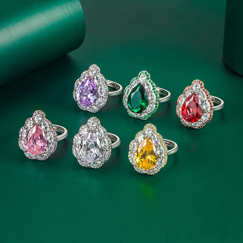 

New color treasure Asche yellow diamond high carbon diamond open ring drop-shaped emerald exaggerated high-end ring