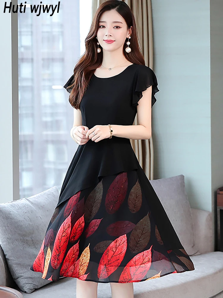 

Summer Korean Fashion Casual Beach Dress 2022 Elegant Vintage Bodycon Party Prom Vestidos Women Patchowrk Print Black Midi Dress