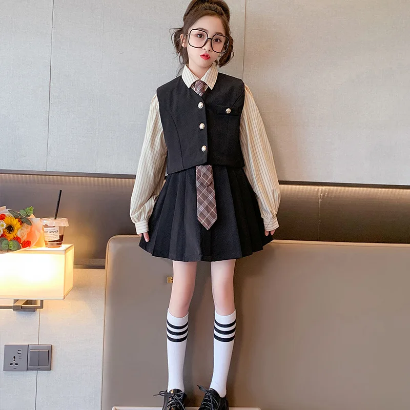

Комплект школьной одежды для девочек из 3 предметов, детские костюмы JK для девочек, рубашки, юбки, жилет, весенняя одежда для подростков