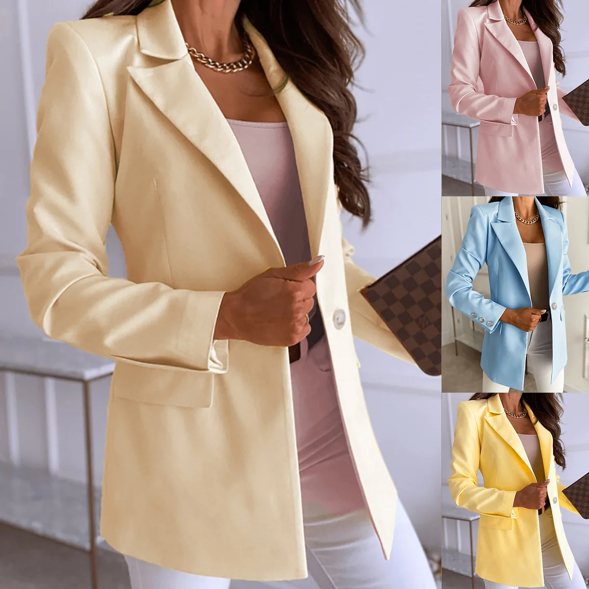 

Элегантная приталенная однотонная женская куртка на одной пуговице с длинным рукавом 2022 весенне-осенние блейзеры для женского пальто