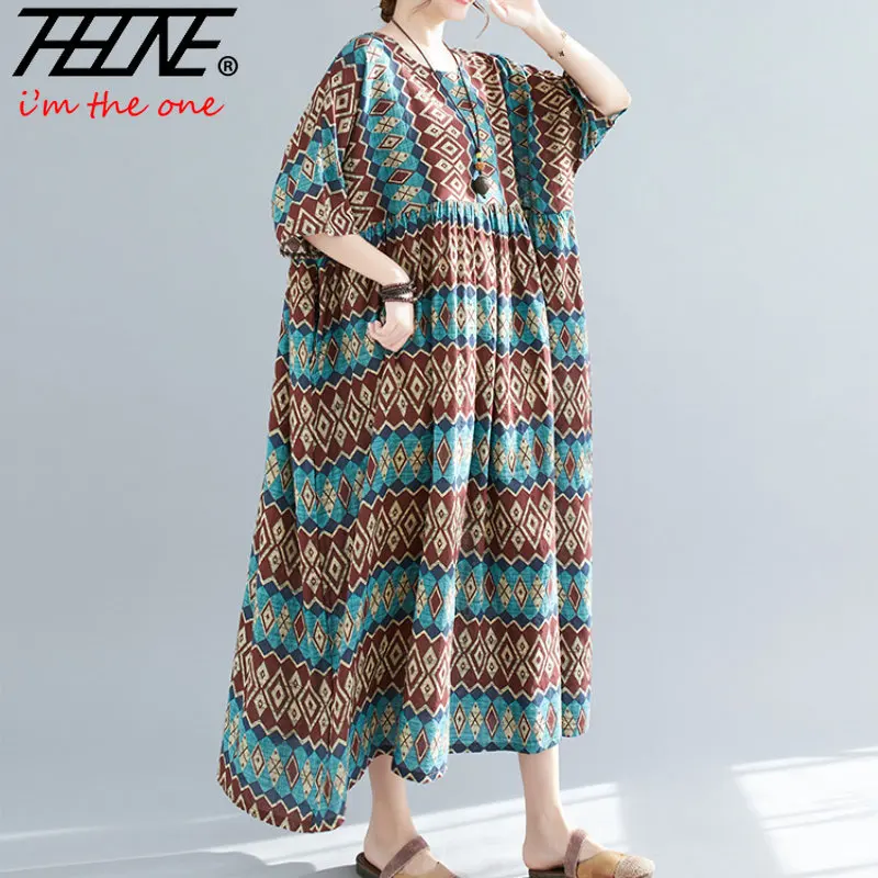 

Женское свободное платье в клетку, повседневное длинное хлопковое платье большого размера с винтажным принтом, в Корейском стиле, лето 2023