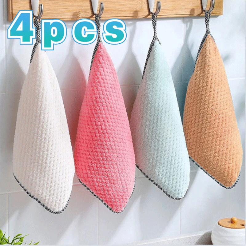 

4pcs Kitchen cleaning water-absorbent non-lint dishwashing cloth, coral fleece rag, non-stick oil, thickened table scouring pad