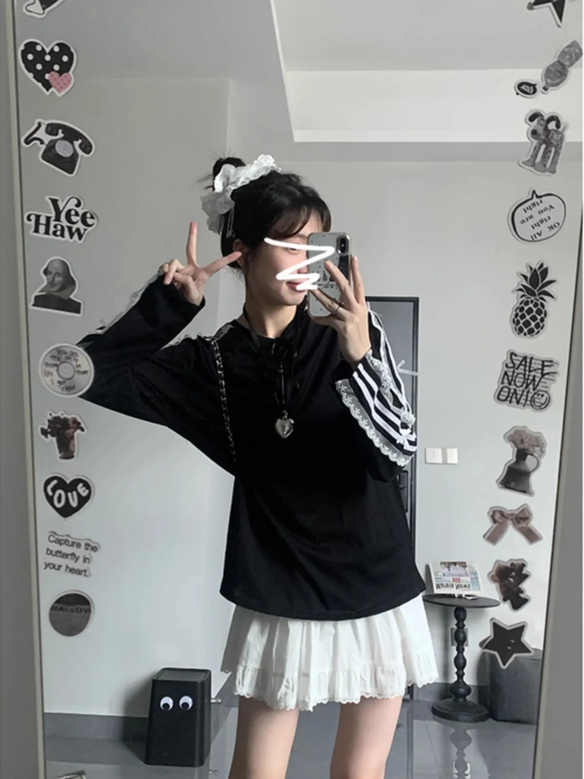 Корейская серия кружевная полосатая рубашка с бантом и длинными рукавами