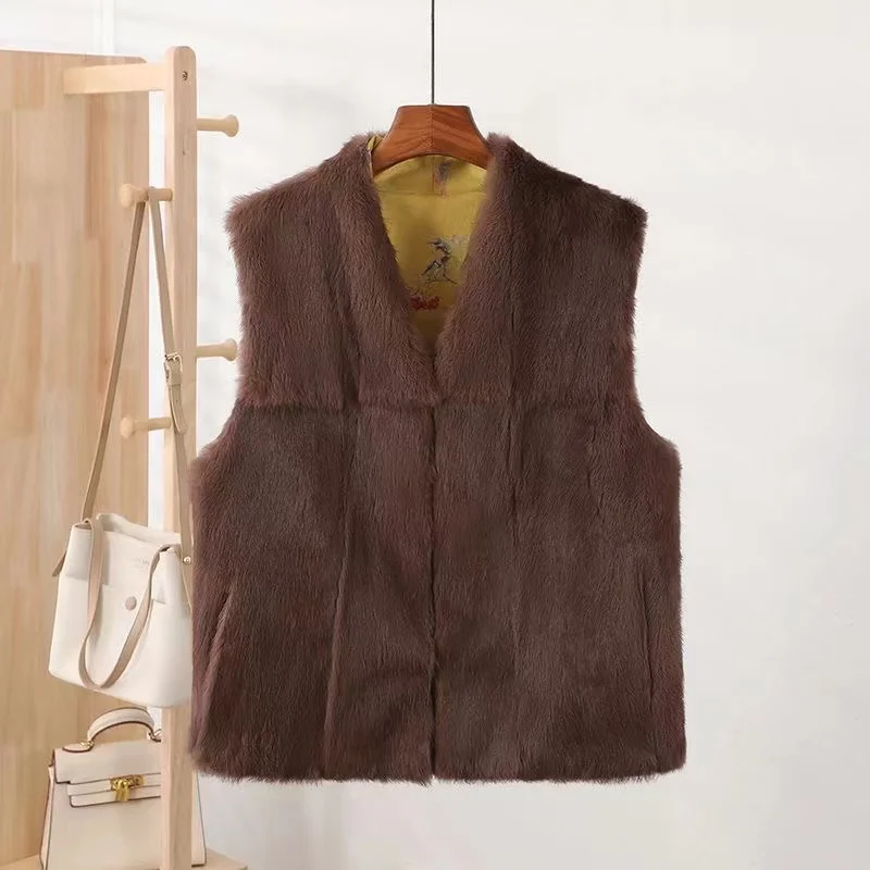 Новинка Женский цельный меховой жилет в китайском стиле из кроличьего меха