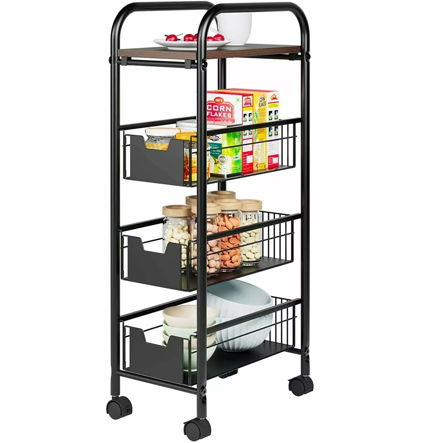 

Кухонная Тележка на колесиках, 4-х колесная металлическая сетчатая вращающаяся тележка для хранения с деревянным чехлом, многофункциональн...