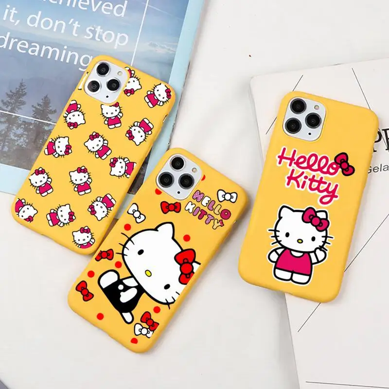 

Cute Cartoon Pink cat Hello Kitty Phone Case For iphone 13 12 11 Pro Max Mini XS 8 7 6 6S Plus X SE 2020 XR Candy yellow cover