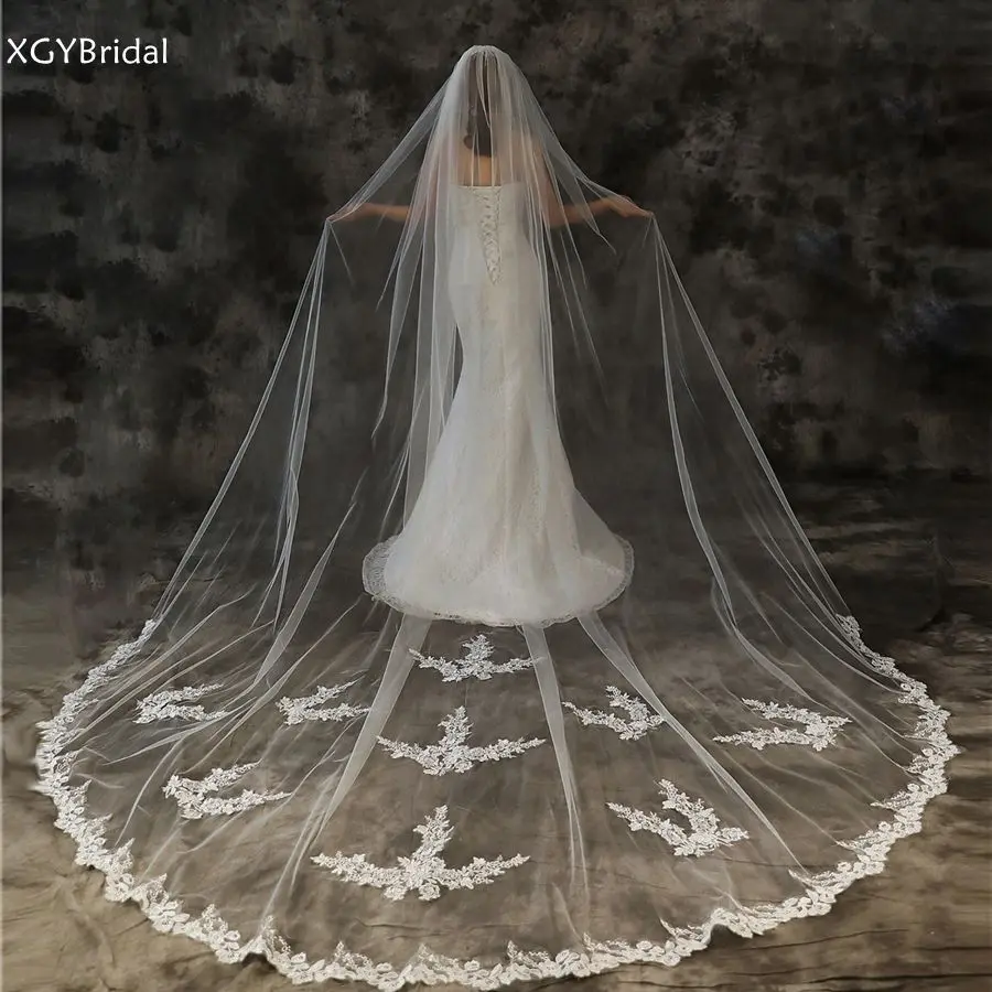 

New Arrival Cathedral Wedding veils for bride Lace Appliques Ivory Bridal veil Velos de novia Wedding accessoires mariage welon