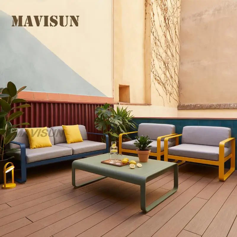 Фото Уличный диван для двора, солнечной комнаты, сада, цвет, стиль макарон, водонепроницаемый солнцезащитный крем, мебель из алюминиевого сплава, минималистичный патио №1