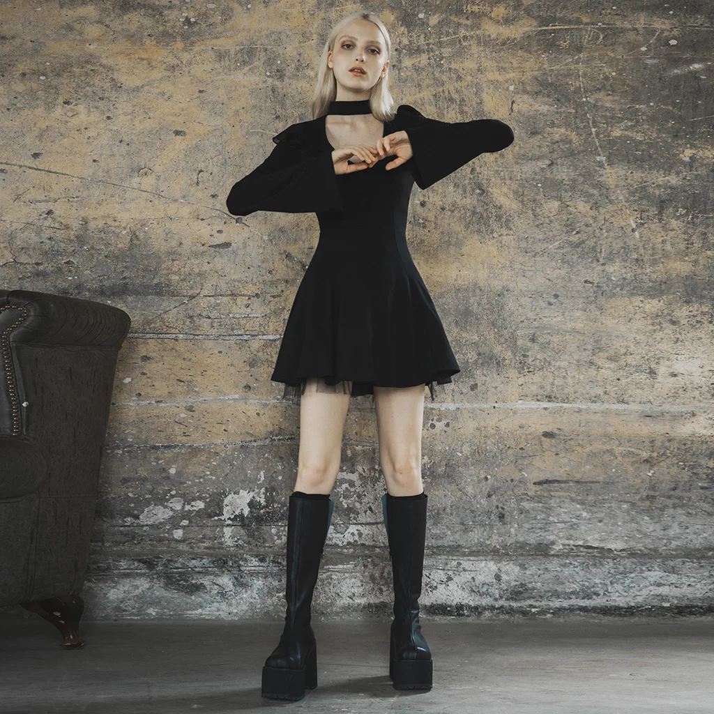 

PUNKRAVE Women's Dress Gothic Falbala Lashing Back Long Sleeve Dresses Sexy V Neck Knit Ruffle Casual Dresses