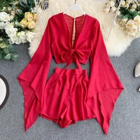 2021 new summer 2 piece outfits for women flare sleeve crop top broad legged shorts fashion ladies sexy solid chiffon suit set