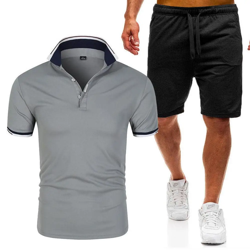 

2023 New Mens Tracksuit Suit Summer Short sleeve Thin Polo Shirt+Sport Shorts 2 Piece Men Solid Set Casual Jogging Sportswear