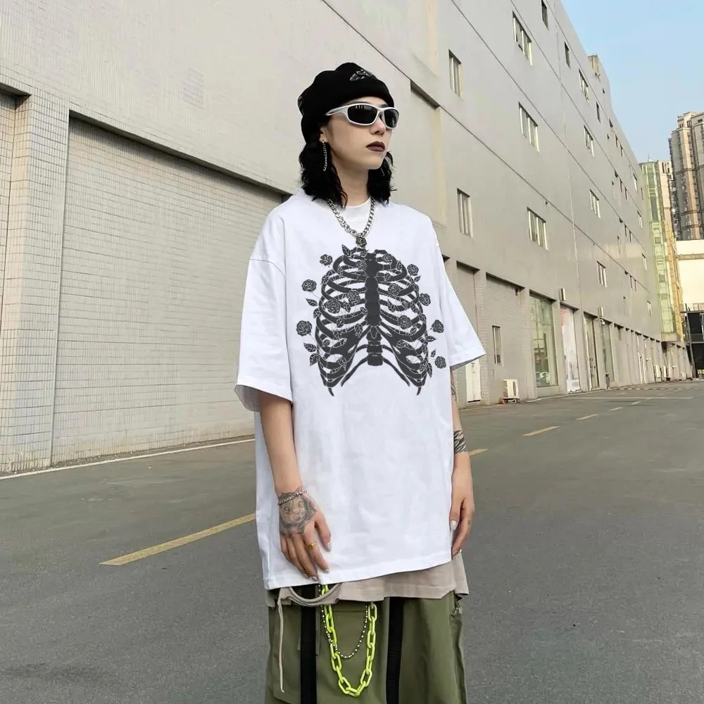 

2022 Fashion Streetwear Y2k Harajuku Unisex couple tops Gothic Men's T-Shirt Skeleton Print Grunge Aesthetic Goth T Shirt