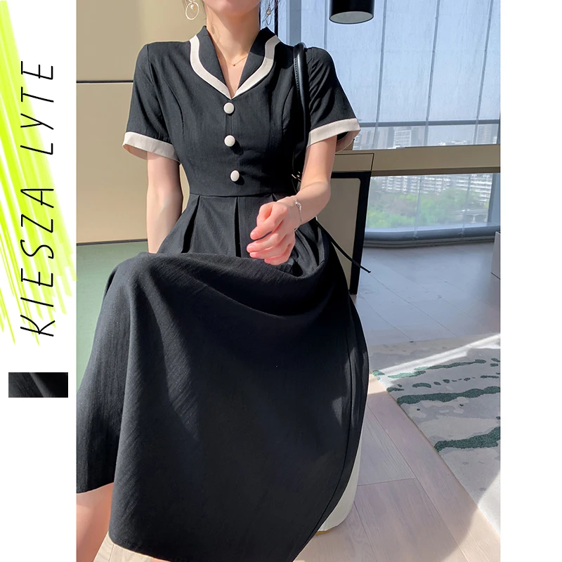 

Vintage Dress French Style Black Short Sleeve Peter Pan Collar Summer New Slim Waist Midi Dresses Women's Elegant Clothing