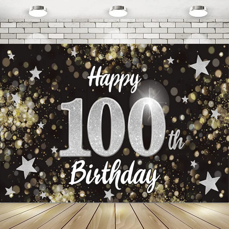 

Happy 100th Birthday Black Silver Star Banner Cheers 100 Years Old Home Wall Photography Backdrop Background Poster Decor Par