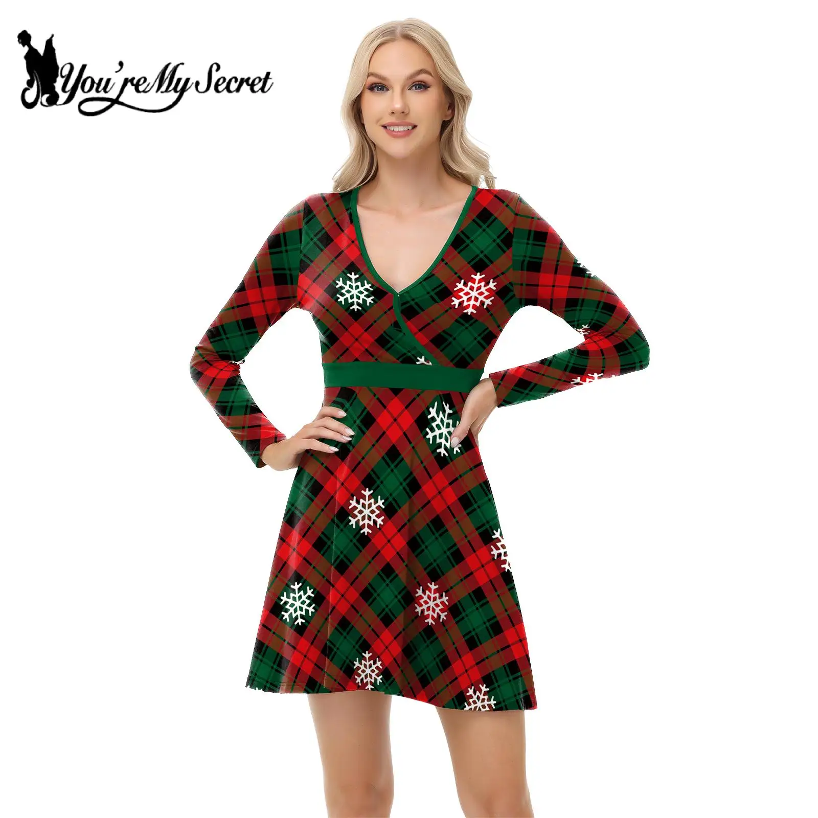 [Ты мой секрет] Платье для женщин Рождественские платья со снеговиком и v-образным