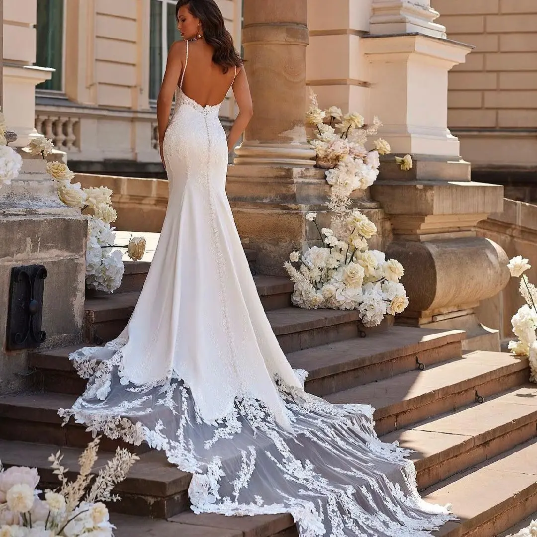 

FATAPARESE свадебное платье, длинное платье-Русалка из жоржета, кружевное блестящее платье на тонких бретелях с пуговицами