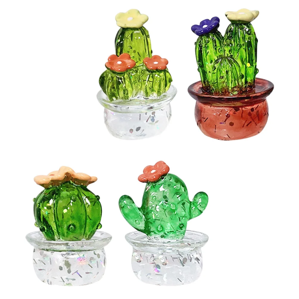 

4 Pcs Crystal Car Accessories Ornaments Resin Figurines Cactus Decoration Tabletop Potted Office Tiny Plants