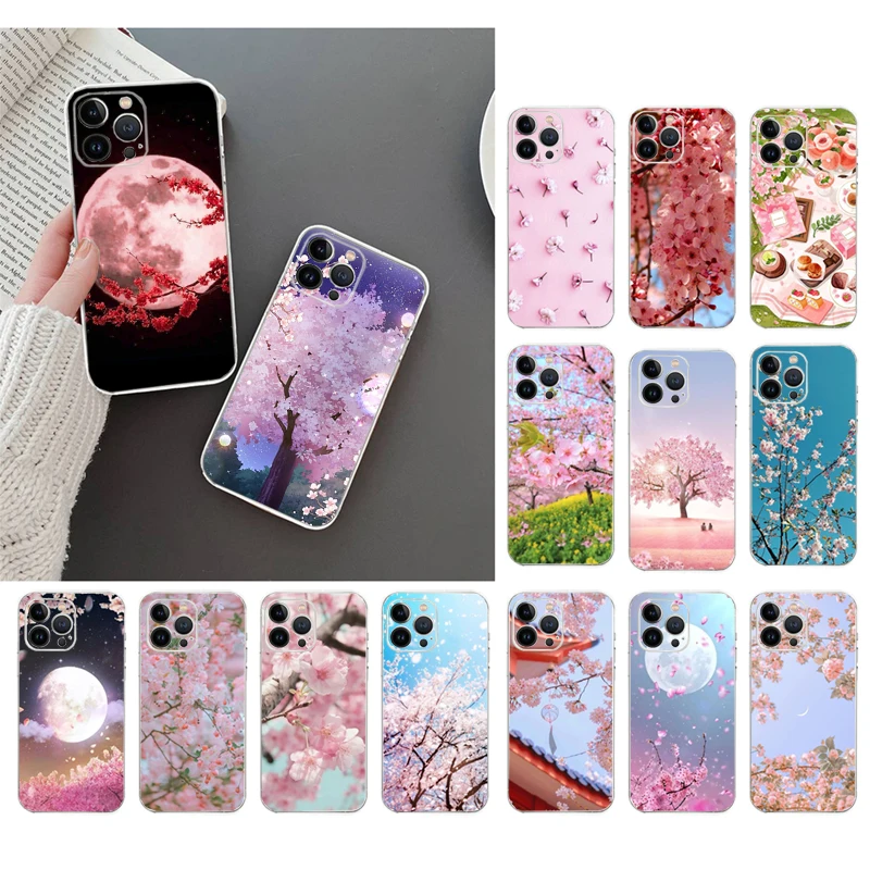 

Phone Case For iphone 14 Pro Max 13 12 11 Pro Max XS XR X 12mini 7 8 Plus SE Pink blossom Cherry Flower Case Funda