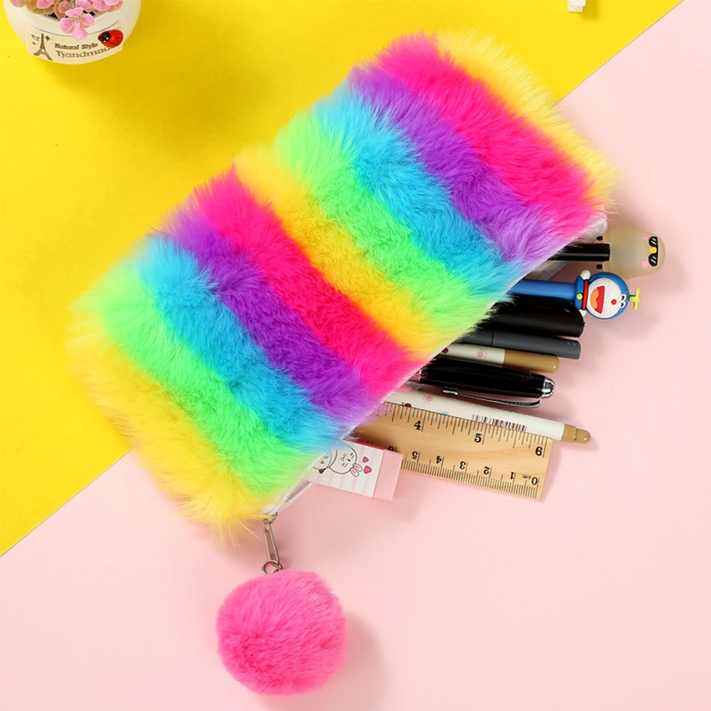 

School With Pendant Pencil Bag Large Capacity Stationery Portable Storage Office Cute Plush Lightweight Zipper Rainbow Style