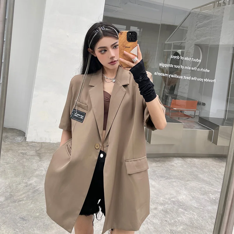 2023 Summer New Women's Suit Jacket Lapel Short-sleeved Solid Color Jacket Fashion Loose Casual Thin Temperament Suit Tops