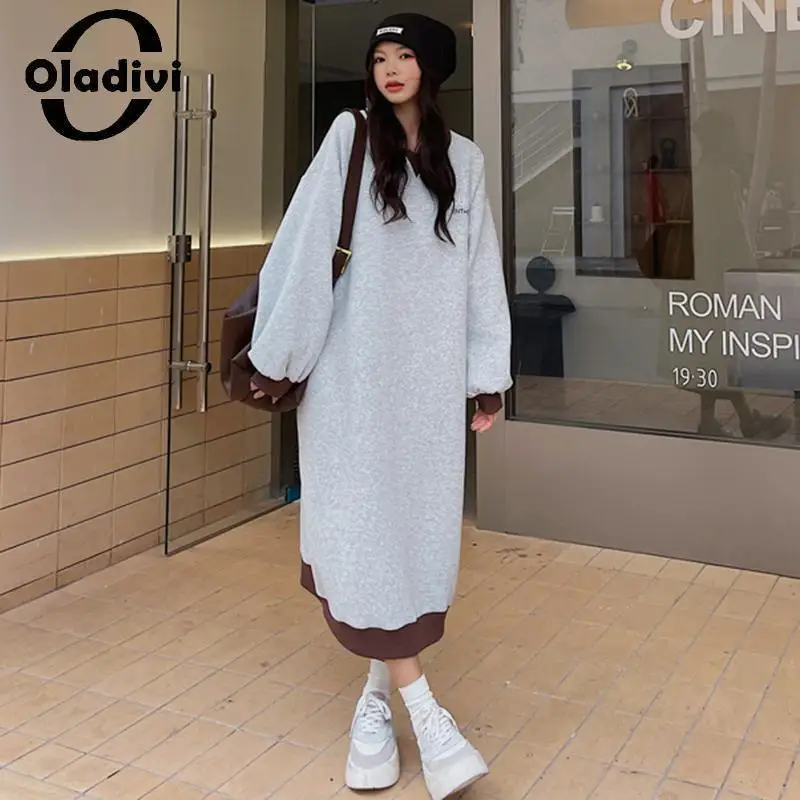 

Oladivi с длинным рукавом, большой размер, теплое бархатное платье для женщин, весна-осень, повседневные Свободные флисовые платья, длинная туника, халат 80402