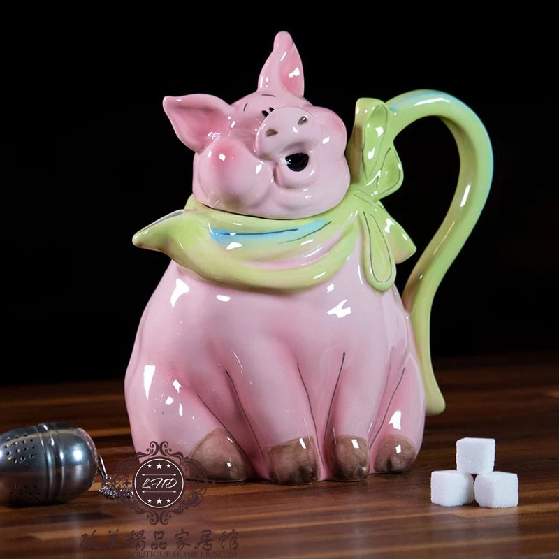 

Ceramic Sculpture Pink Pig Teapot Coffee Pot Valentine's Day Present Crafts Room Decoration Porcelain Figurine Spice Jars
