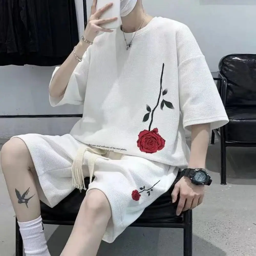 M-5XL Korean Fashion Streetwear Hip Hop Rose Casual Short  Suit Tshirt 2 Piece Set Summer Tracksuit Men Harajuku Oversize Tee