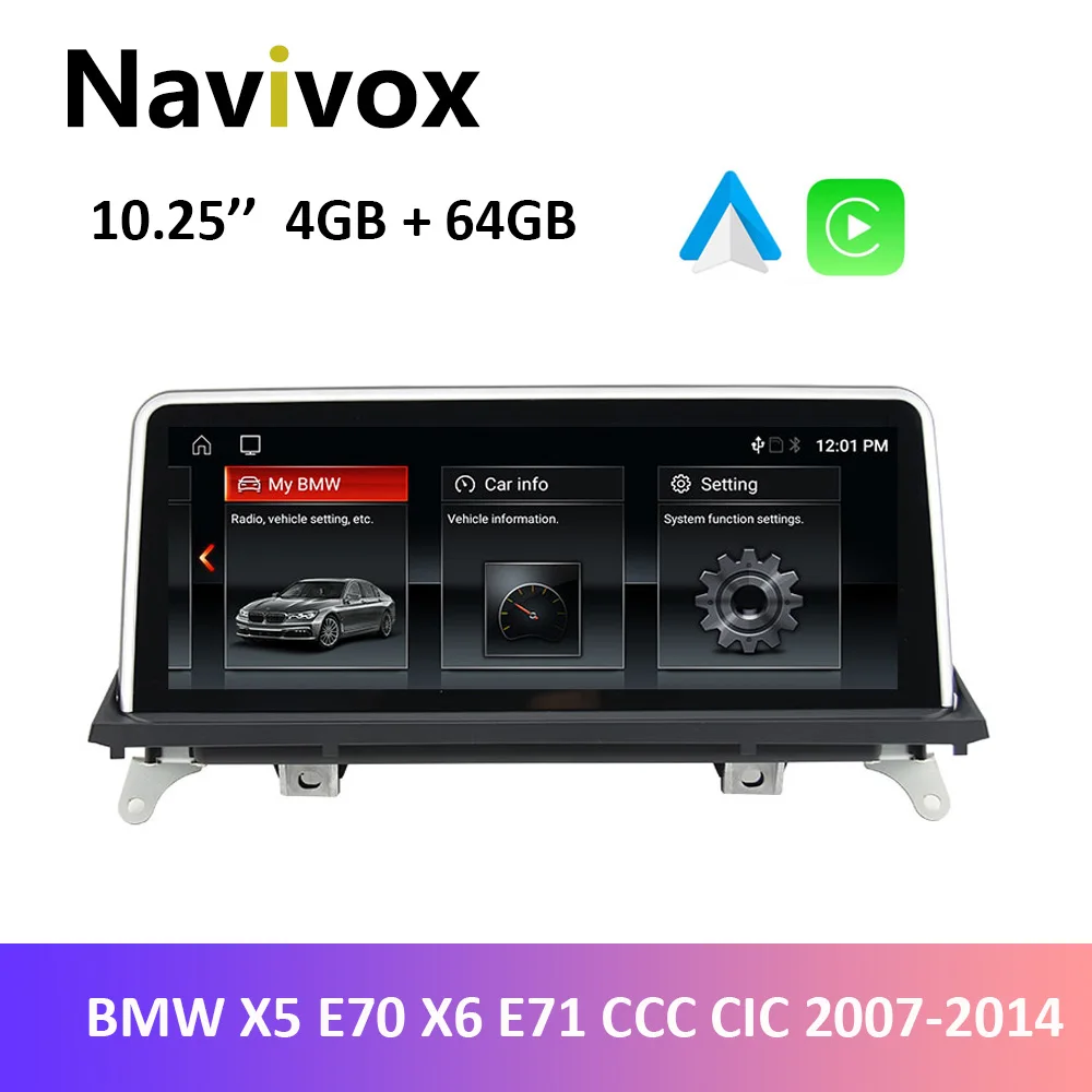 

Navivox 4 + 64 Гб 10,25 "Автомобильный GPS-навигатор Android радио для BMW X5 E70 X6 E71 CCC CIC 2007-2014 Carplay ID7 ID6 мультимедийный экран
