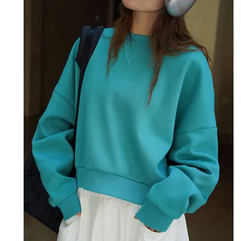 Осень 202, женские толстовки с длинным рукавом и круглым вырезом, бежевый цвет, свободные женские толстовки, синие толстовки, женские топы