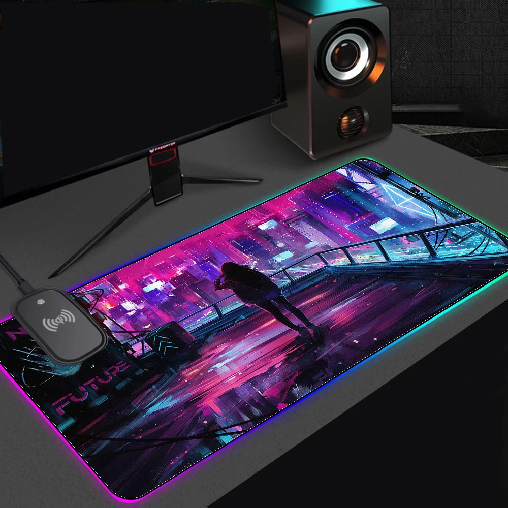 RGB беспроводной зарядный коврик для мыши Scifi городские светильники настольные