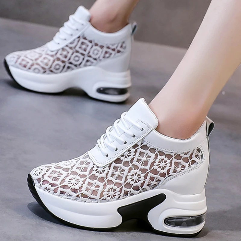 

Women Breathable Sneakers Mesh Lace Up Internal Height Increase Trainers Slope Heel Thick Bottom Casual Shoes Zapatillas Mujer