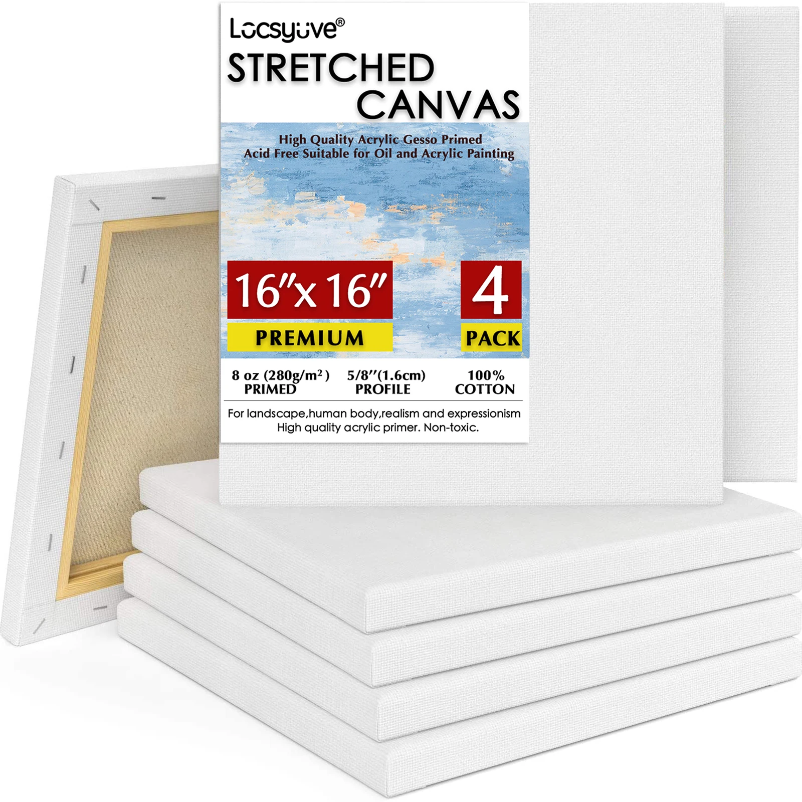 Locsyuve 16x16 inch Stretched Canvas, 100% Cotton, 8 oz Primed 4-Pack, Professional White Blank Canvas for, Acrylic, Oil Paint