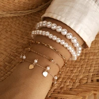 5pcsset pearl beaded bracelets women geometric heart metal tassel small gold bead multilayer bracelet set 2022 new accessories