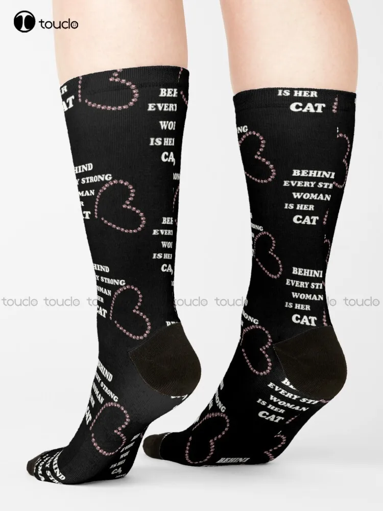 

Behind Every Strong Woman Is Her Cat Socks Womens Running Socks 360° Digital Print Gd Hip Hop Street Skateboard Socks Girls Art