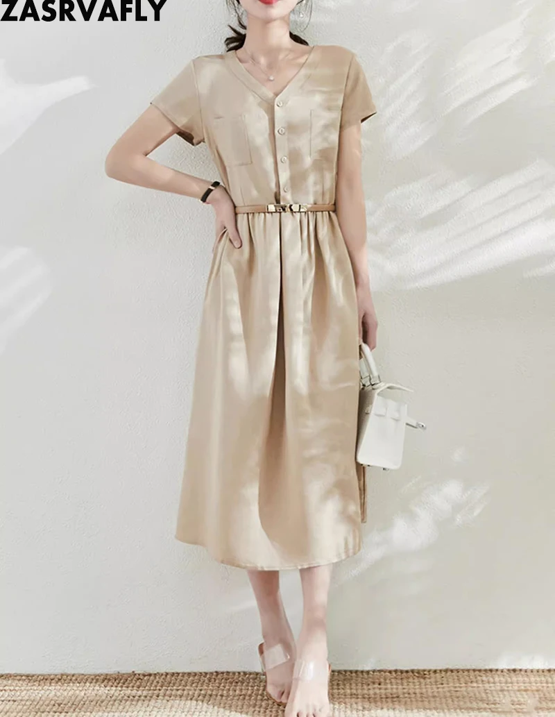 

Элегантное платье-рубашка из абрикосового шифона для женщин, летнее платье-миди с V-образным вырезом и коротким рукавом и поясом, новинка 2023