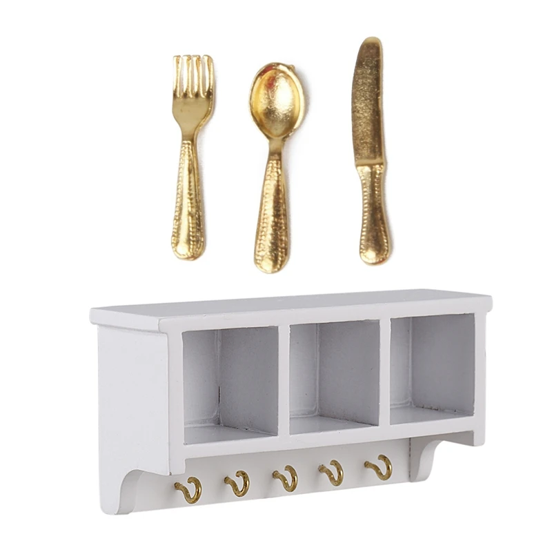 

2 Set Accessories: 1 Set Dollhouse Kitchen Wood Wall Bracket White & 1 Set Stainless Steel Tableware Set 12 Items Gold